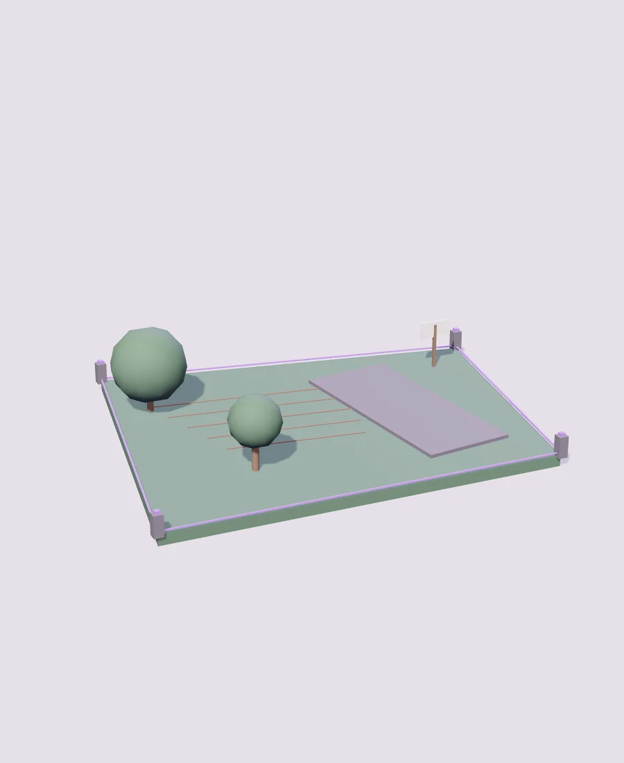 Terrain clôturé avec deux arbres et une surface délimitée par des mesures.