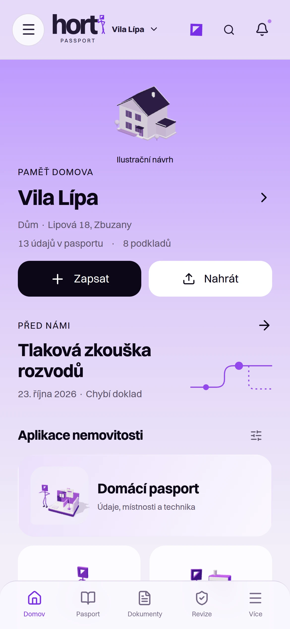 Die Hort-App auf dem Smartphone: Startbildschirm der Immobilie Vila Lípa mit der Anzahl der Angaben und Unterlagen, den Schaltflächen Eintragen und Hochladen sowie der nächsten Aufgabe.
