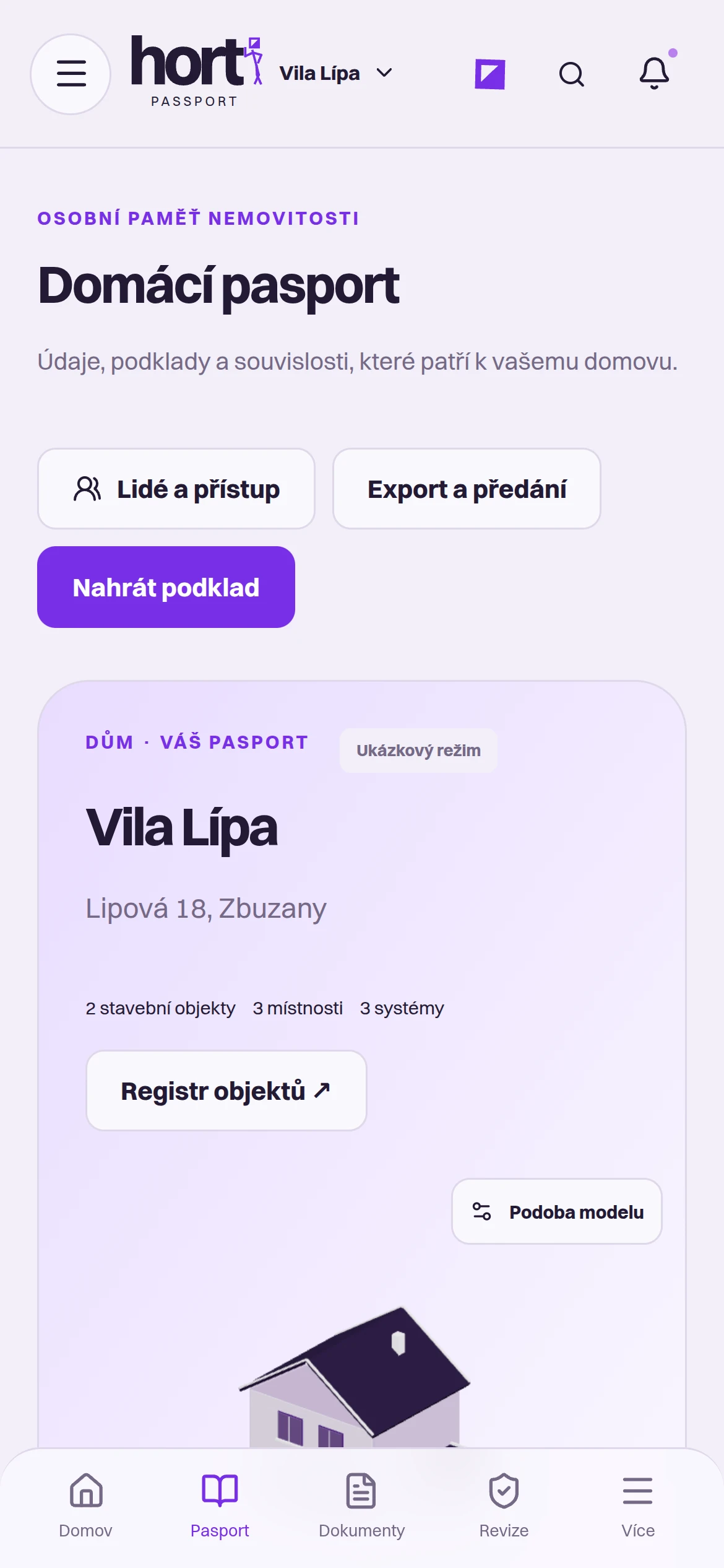 Die Hort-App auf dem Smartphone: Immobilienpass für Vila Lípa mit den Schaltflächen Personen und Zugriff, Export und Übergabe sowie Unterlage hochladen.